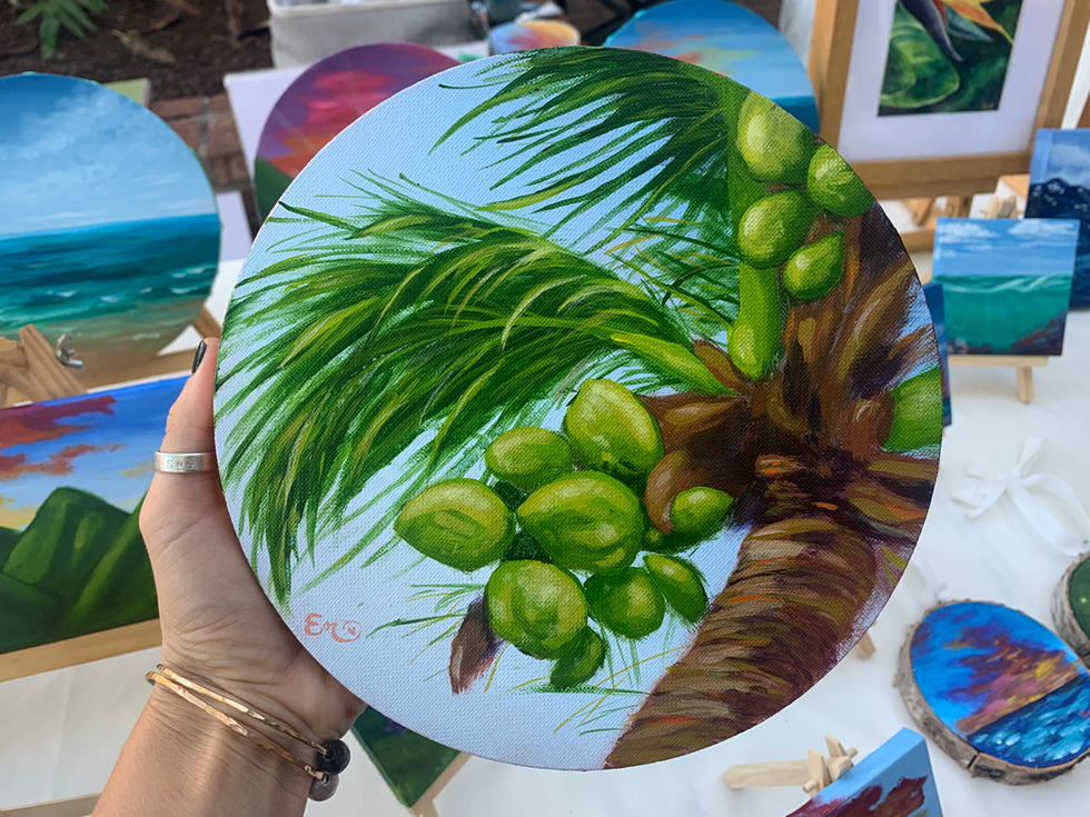 Coconuts in Palm Tree acrylic painting by Emily Farewell