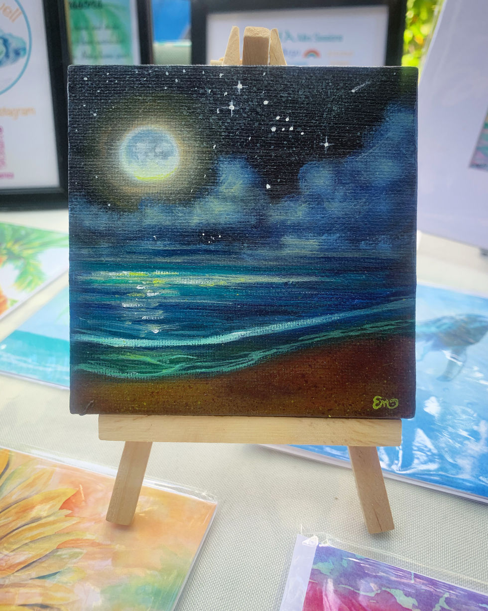 Moon Painting reflecting over ocean water acrylic painting by Emily Farewell