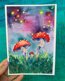 Mushroom and lightening bugs watercolor painting