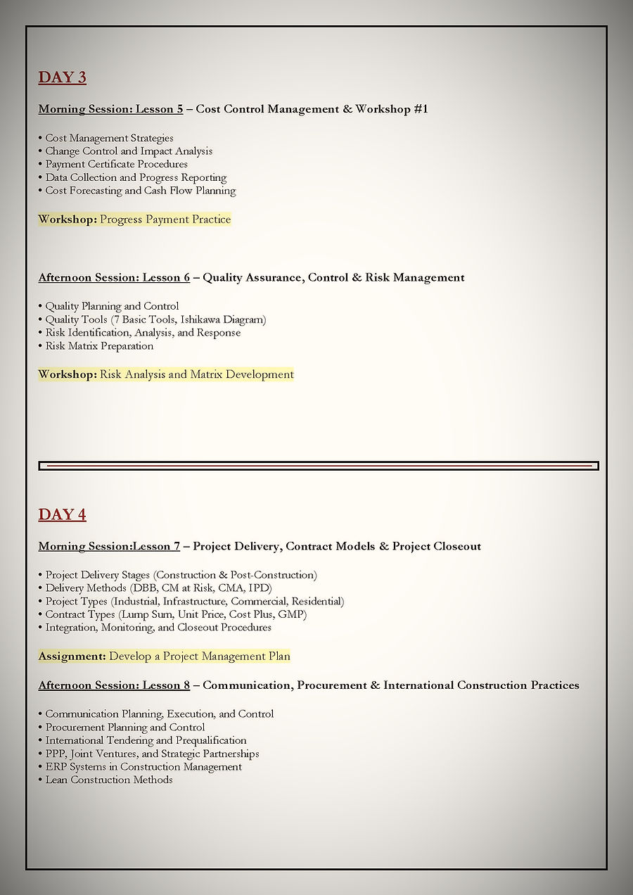 CONSTRUCTION PROJECT MANAGEMENT SYLLABUS DAY 3 DAY 4