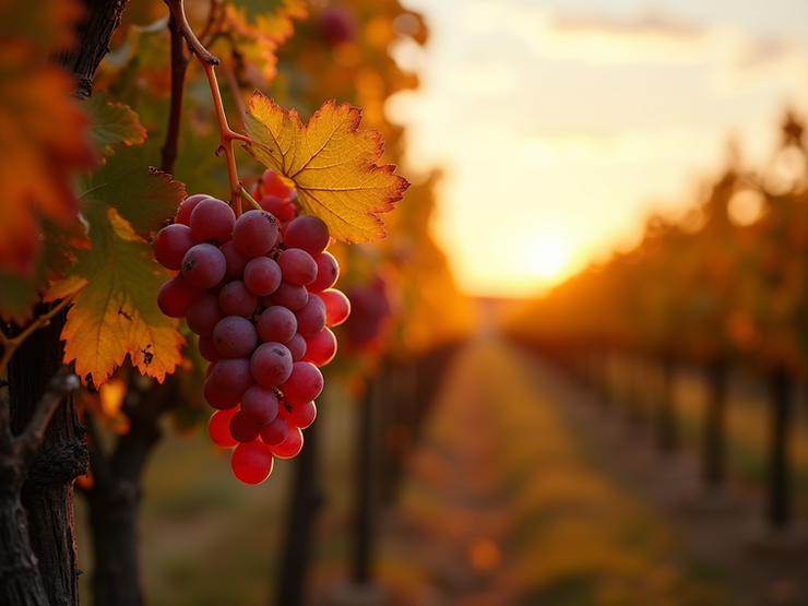 A beautiful autumn vineyard at sunset with golden leaves and ripe grapes for September.