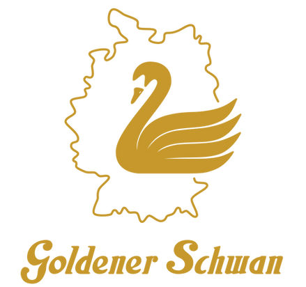 Primär-Logo des Restaurants Goldener Schwan in Aachen mit goldfarbenem Schwan und Umrisskarte von Deu vom Goldenen Schwan
