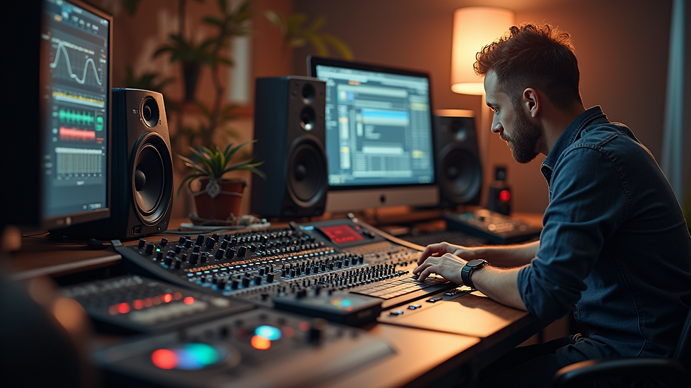 Vue en plongée d’un ingénieur du son travaillant sur une table de mixage dans un studio
