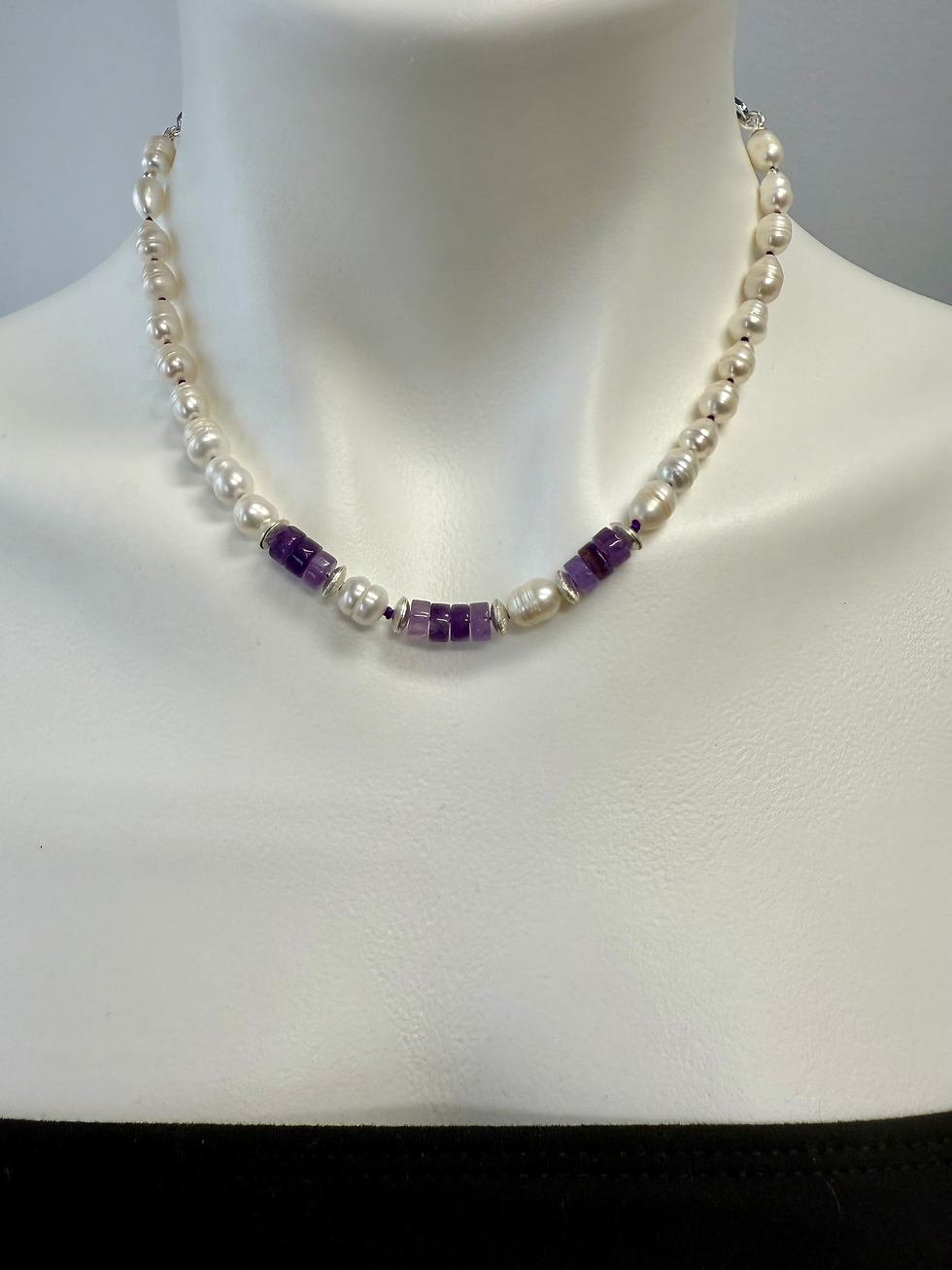 Thumbnail: Freshwater Pearls and Amethyst disc chain necklace 