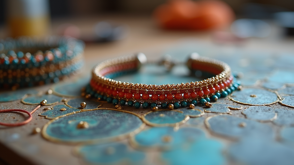 Eye-level view of a beaded bracelet in progress on a bead board