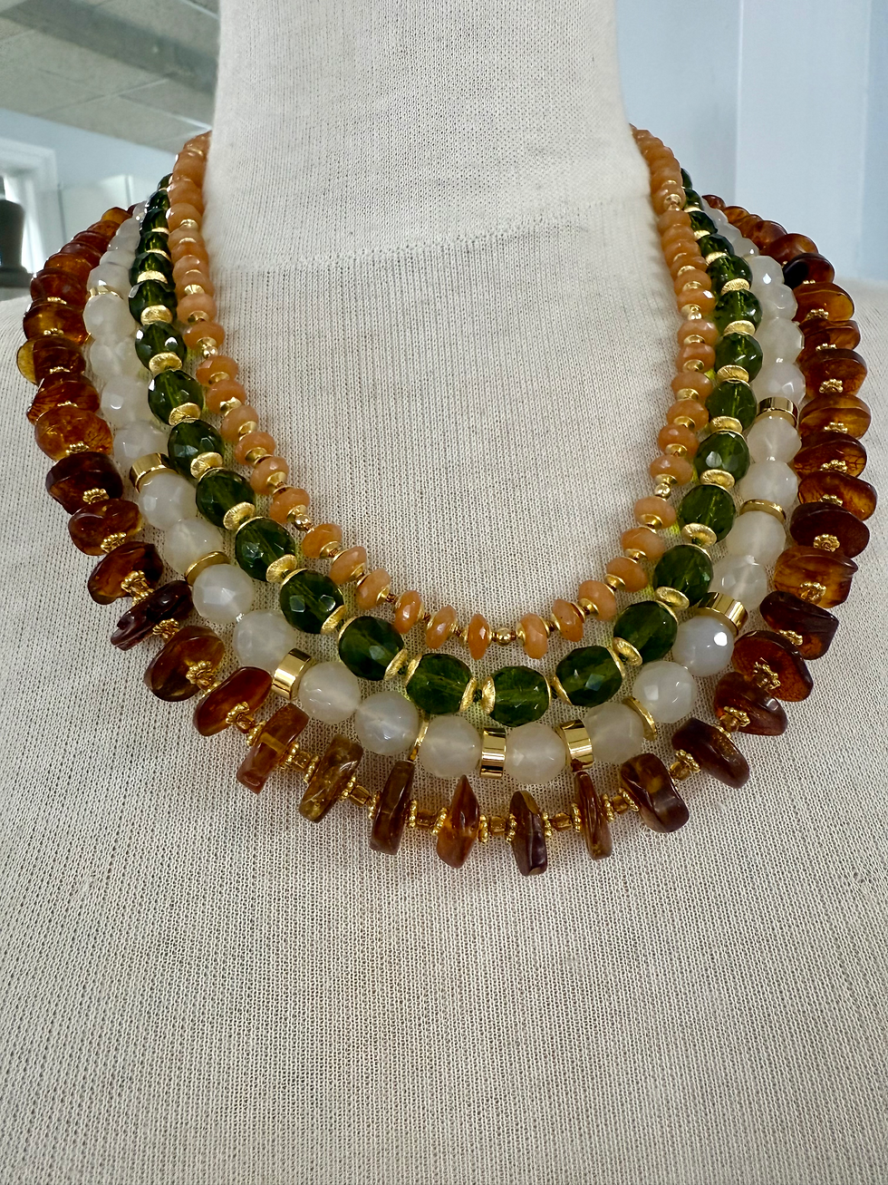 Thumbnail: Four- strand Gemstone necklace : Carnelian, Peridot, Quartz & Amber
