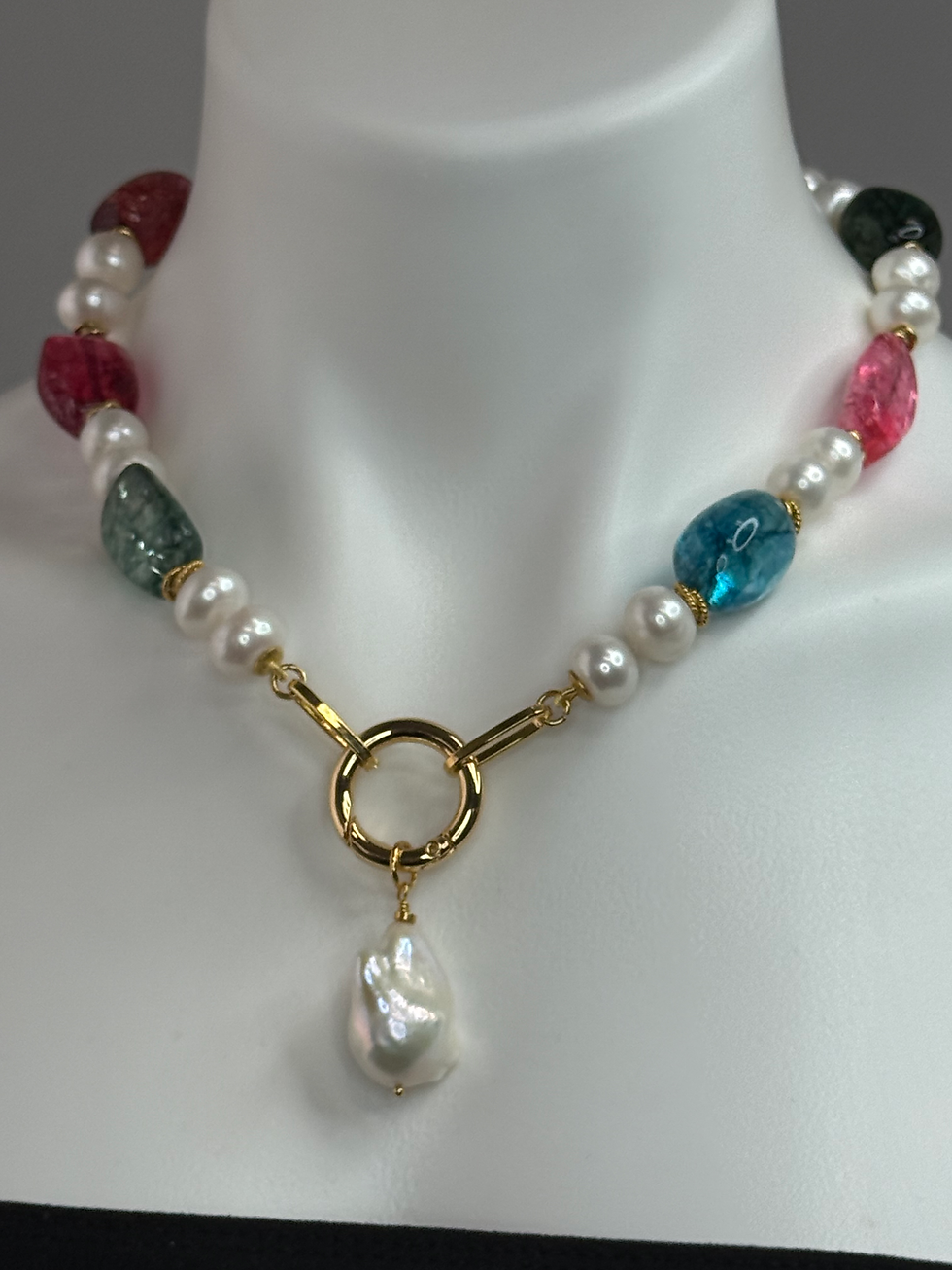 Thumbnail: Colorful Quartz and Pearl necklace with drop Baroque Pearl