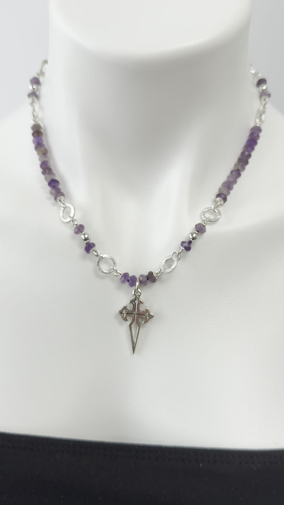 Thumbnail: Amethyst and and Cross necklace in brushed Sterling Silver