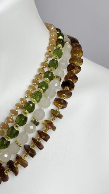 Thumbnail: Four- strand Gemstone necklace : Carnelian, Peridot, Quartz & Amber
