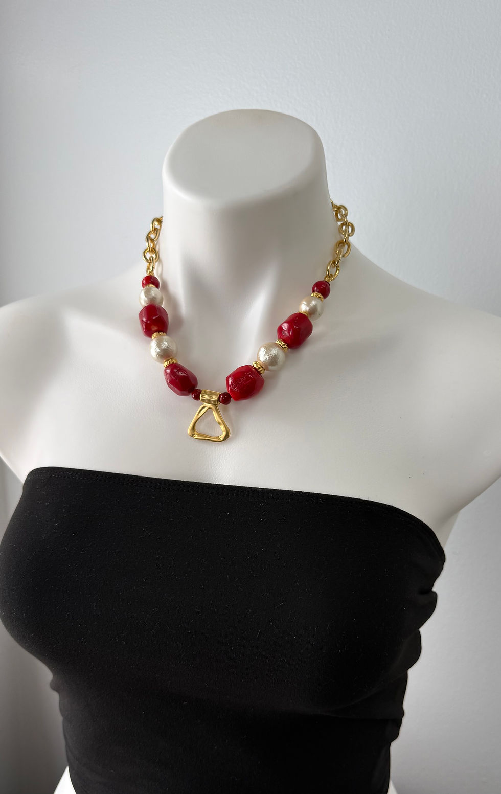 Thumbnail: Red Coral, Freshwater Pearls and Matte gold pendant 