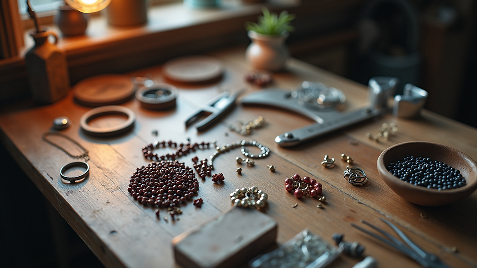 High angle view of a jewelry making workspace with tools and beads