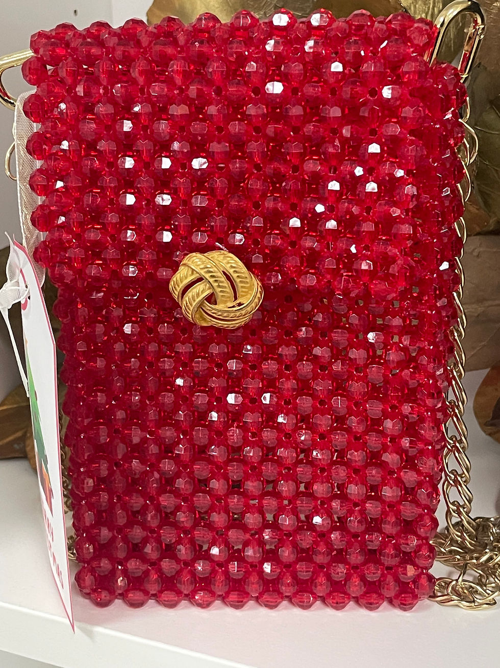 Thumbnail: Beaded phone Purse in red with gold accent button and chain