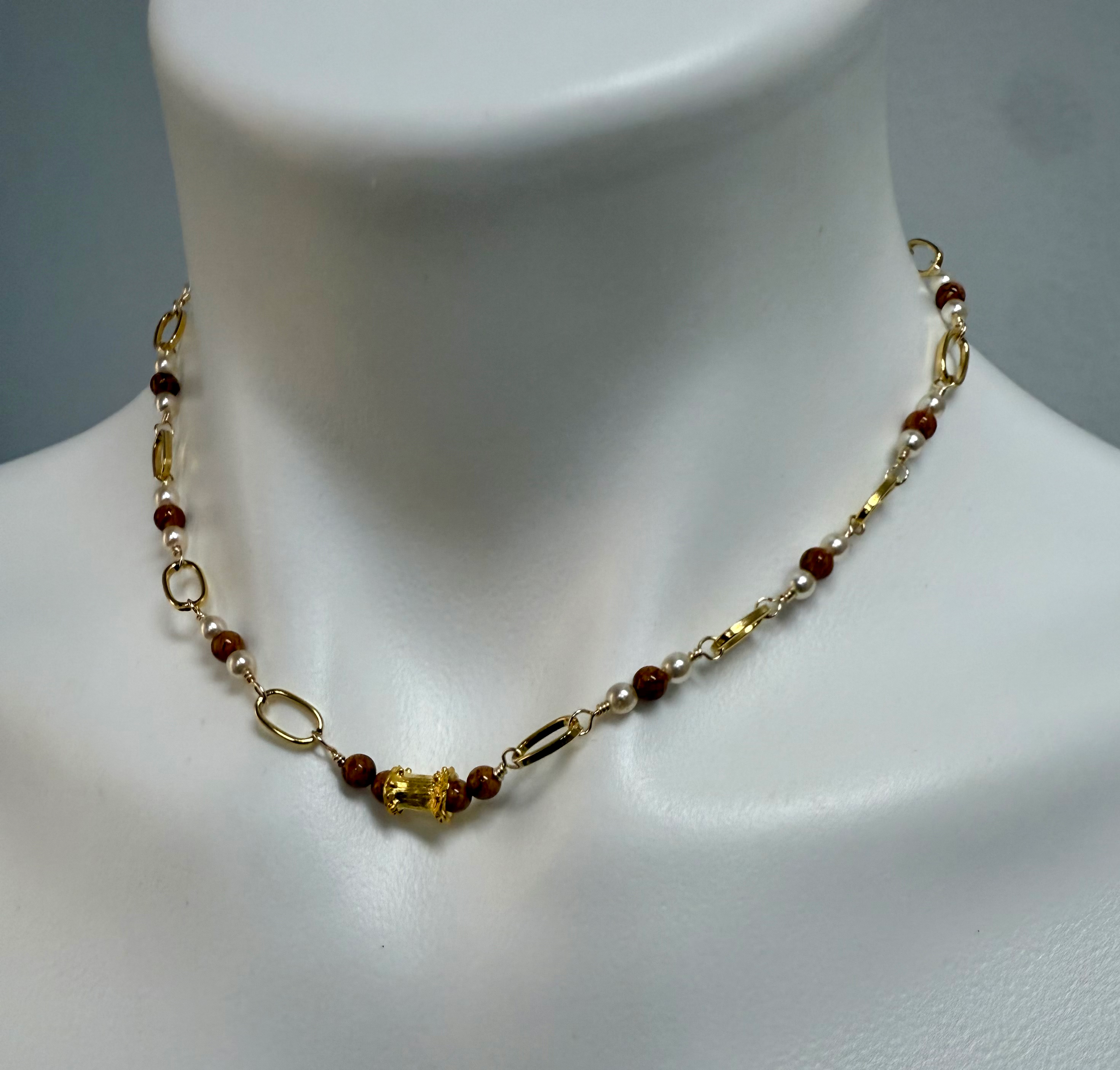 Mini Jasper beads and mini pearls wired wrapped with paperclip chain 