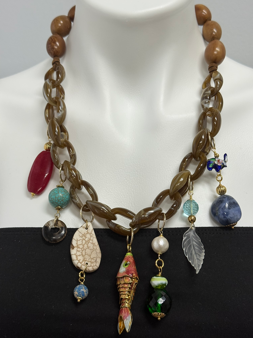 Thumbnail: Handmade Acrylic Chain Charm Necklace with Cloisonné Fish & Charms| Gems 4 J