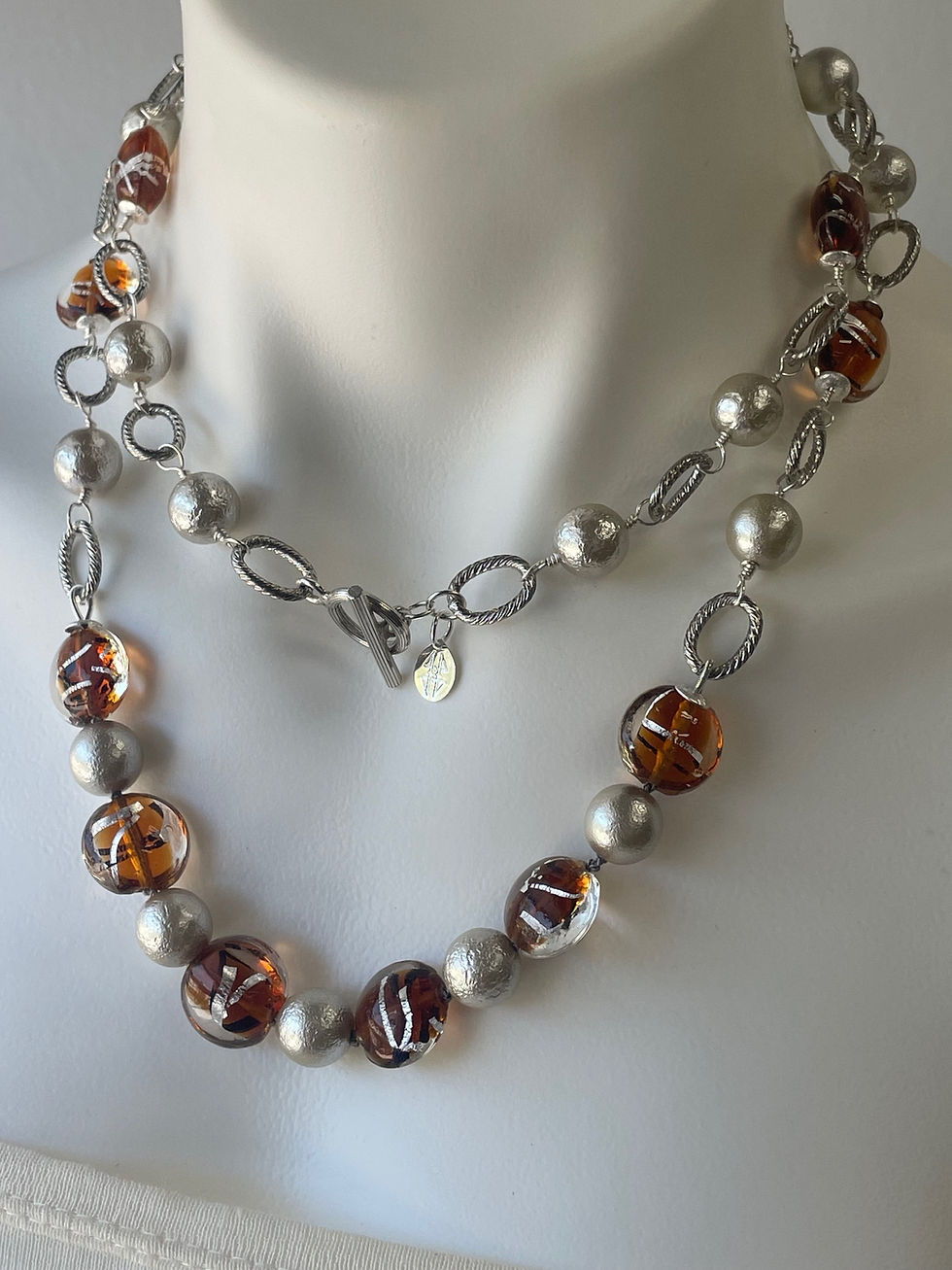 Thumbnail: Venetian Glass painted beads with textured silver long chain