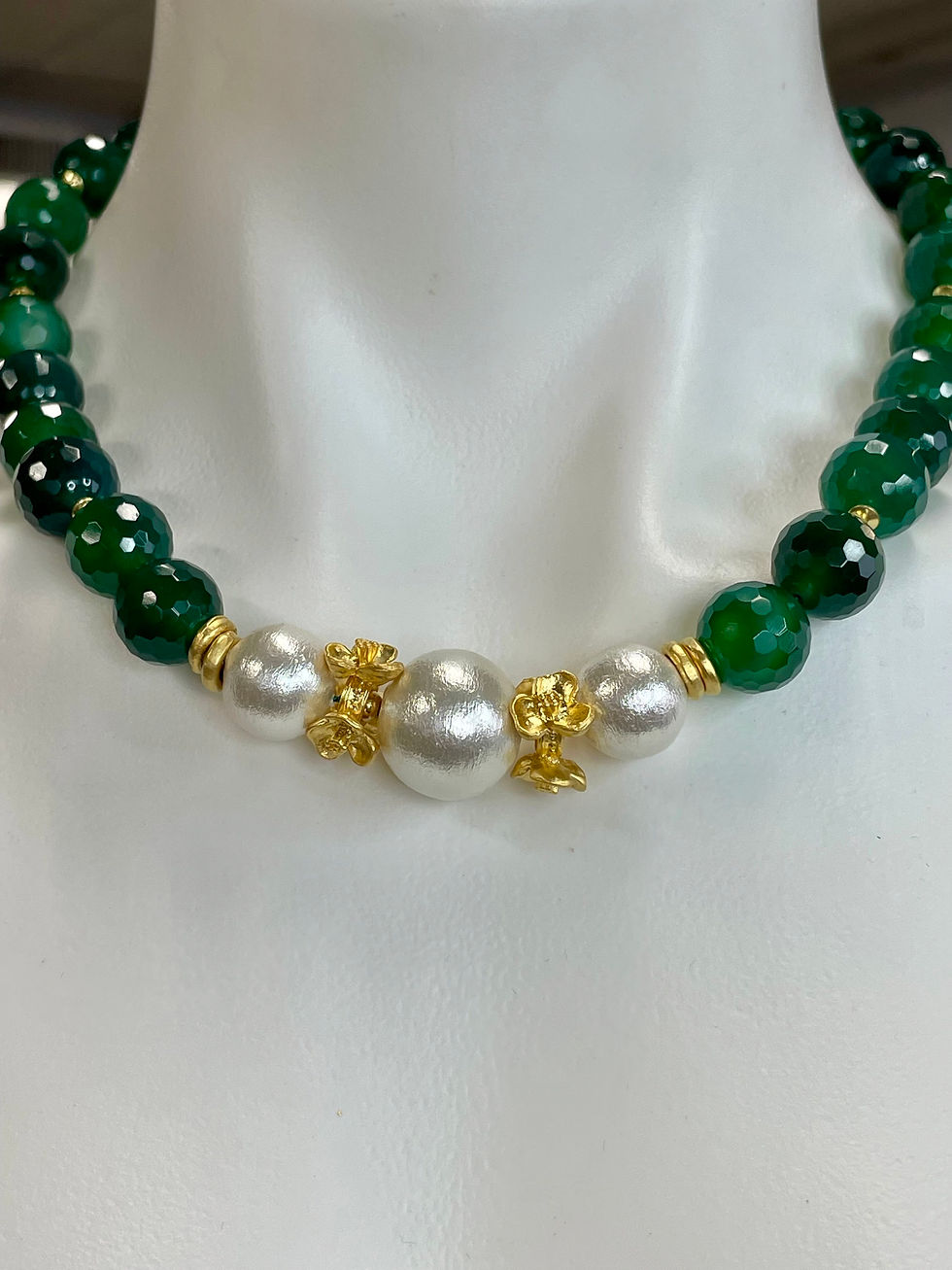 Thumbnail: Green Chalcedony and Cotton Pearls with vintage GP flower 