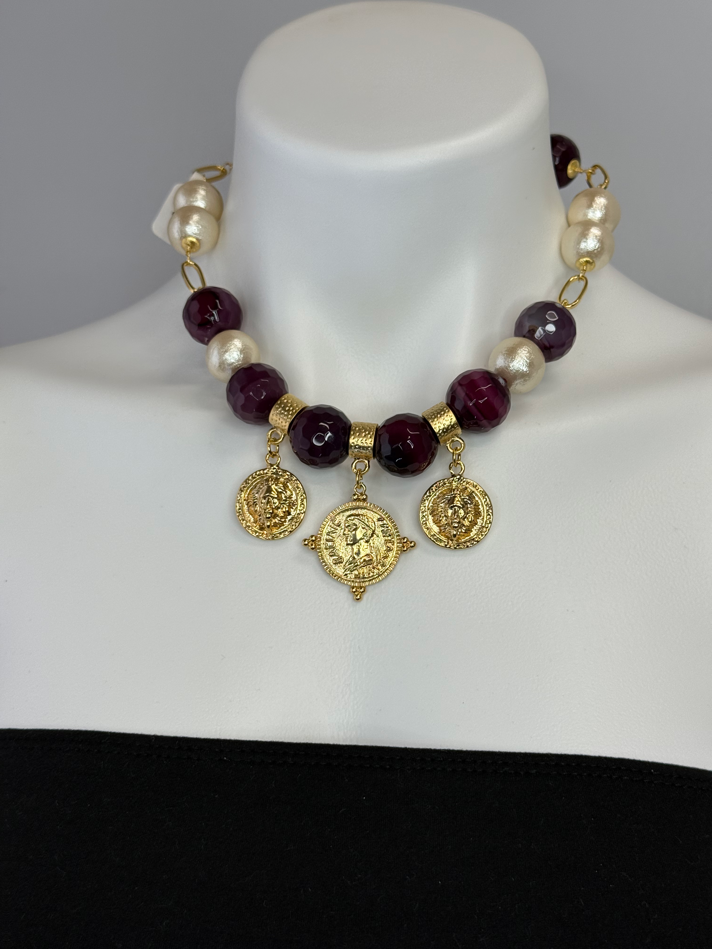 Purple Agate Greek drop coins necklace