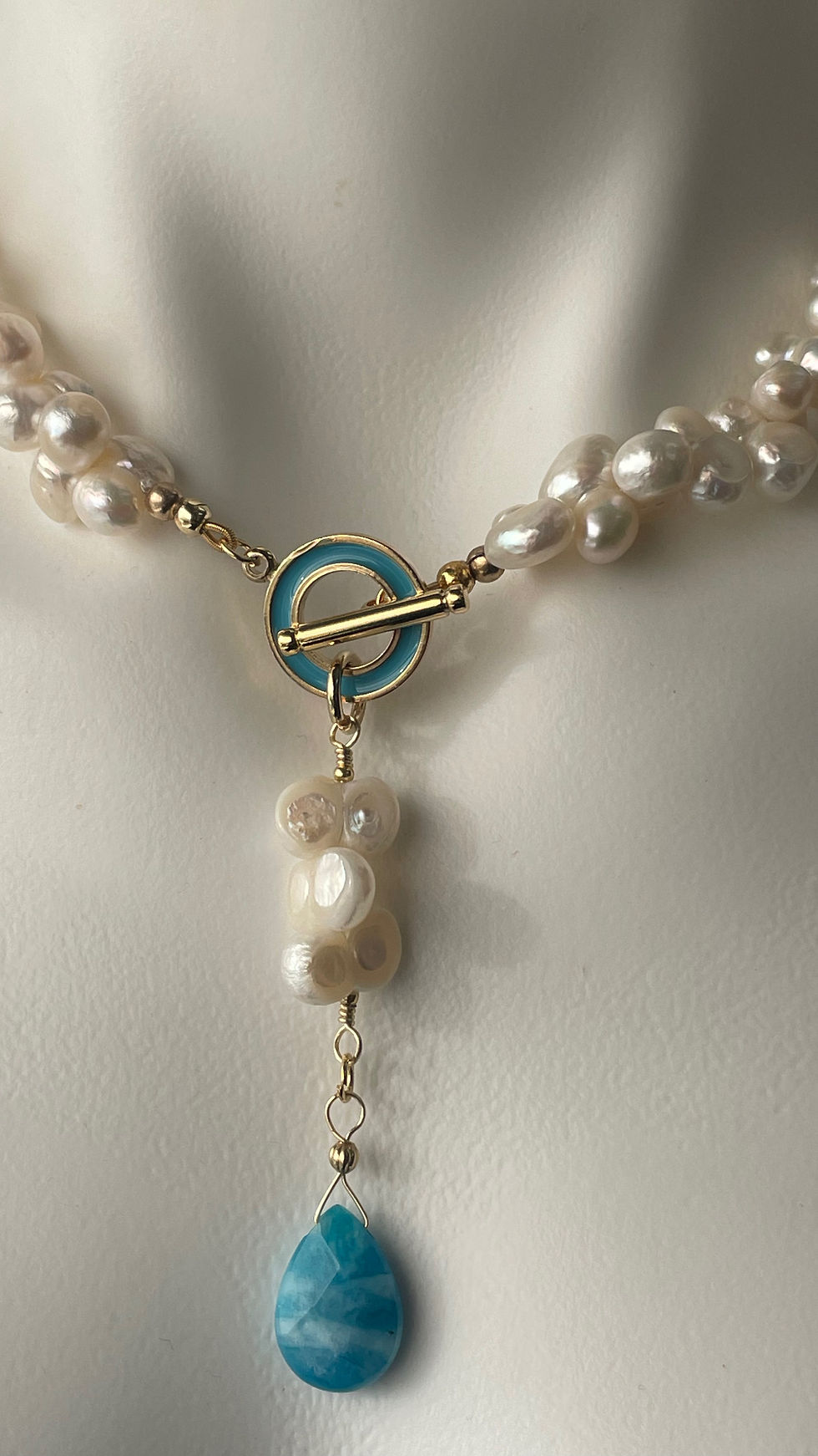 Thumbnail: Pearl and blue Agate teardrop necklace , Pearl and chain necklace. 