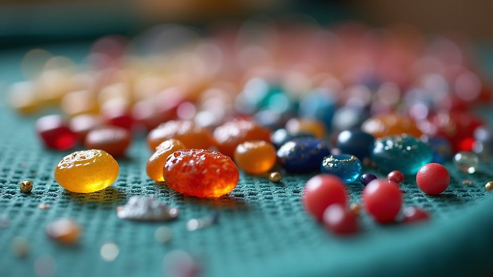 Eye-level view of colorful beads and gemstones arranged on a bead mat