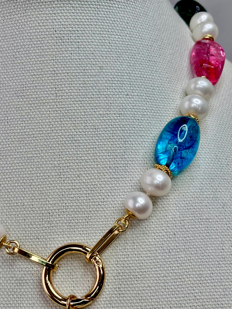 Thumbnail: Colorful Quartz and Pearl necklace with drop Baroque Pearl