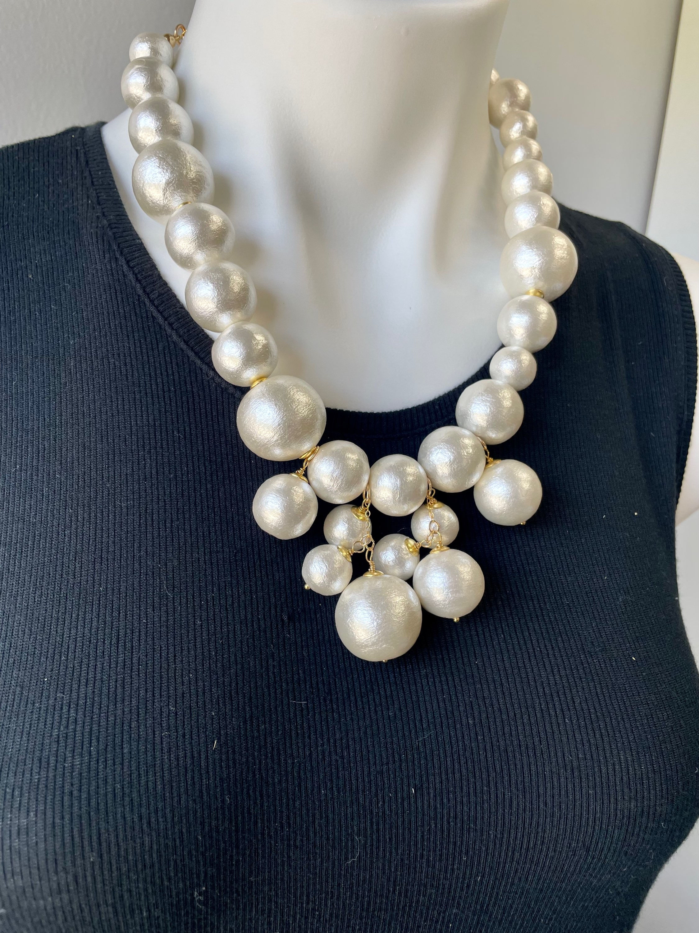 Cotton Pearl necklace with drop Pearls- Aesthetic necklace - handmade jewelry 