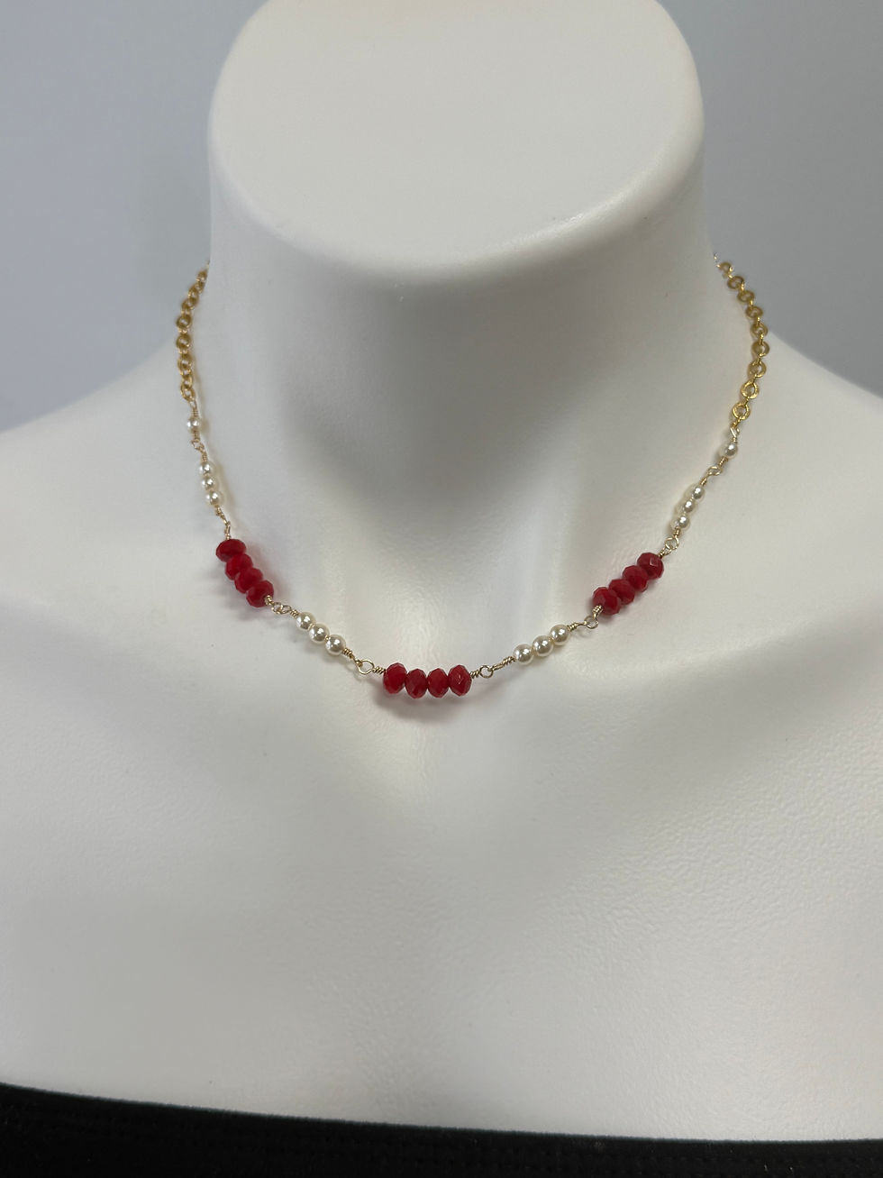 Thumbnail: Ruby Red Crystal and Pearl Delicate necklace 