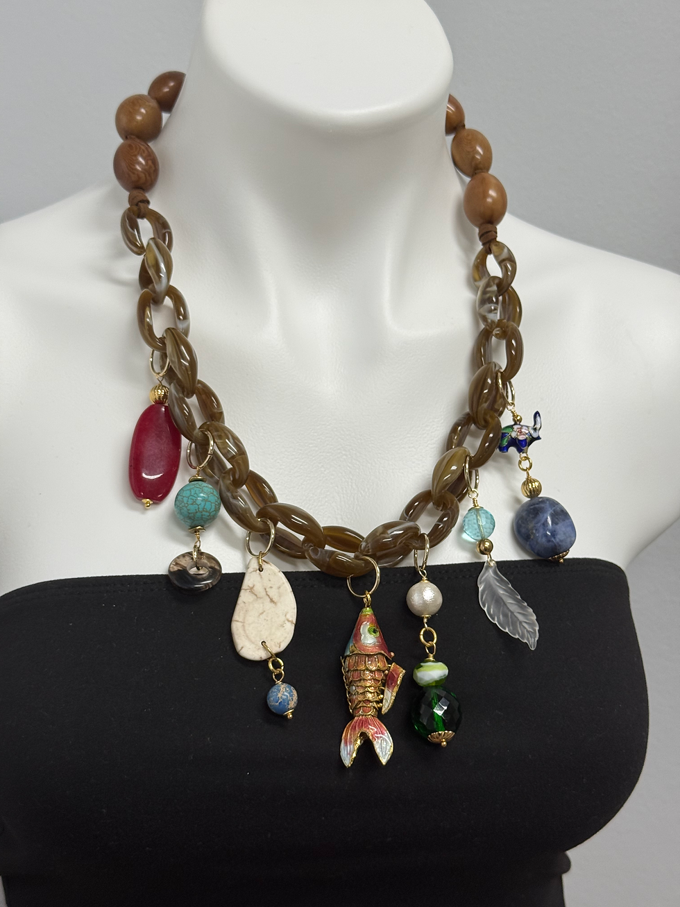 Thumbnail: Handmade Acrylic Chain Charm Necklace with Cloisonné Fish & Charms| Gems 4 J