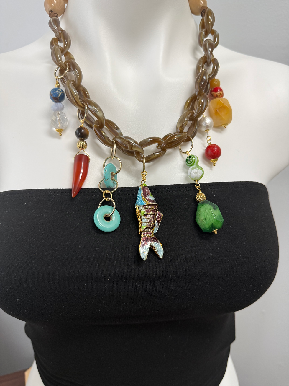 Thumbnail: Handmade Acrylic Chain Charm Necklace with Cloisonné Fish & Charms| Gems 4 J