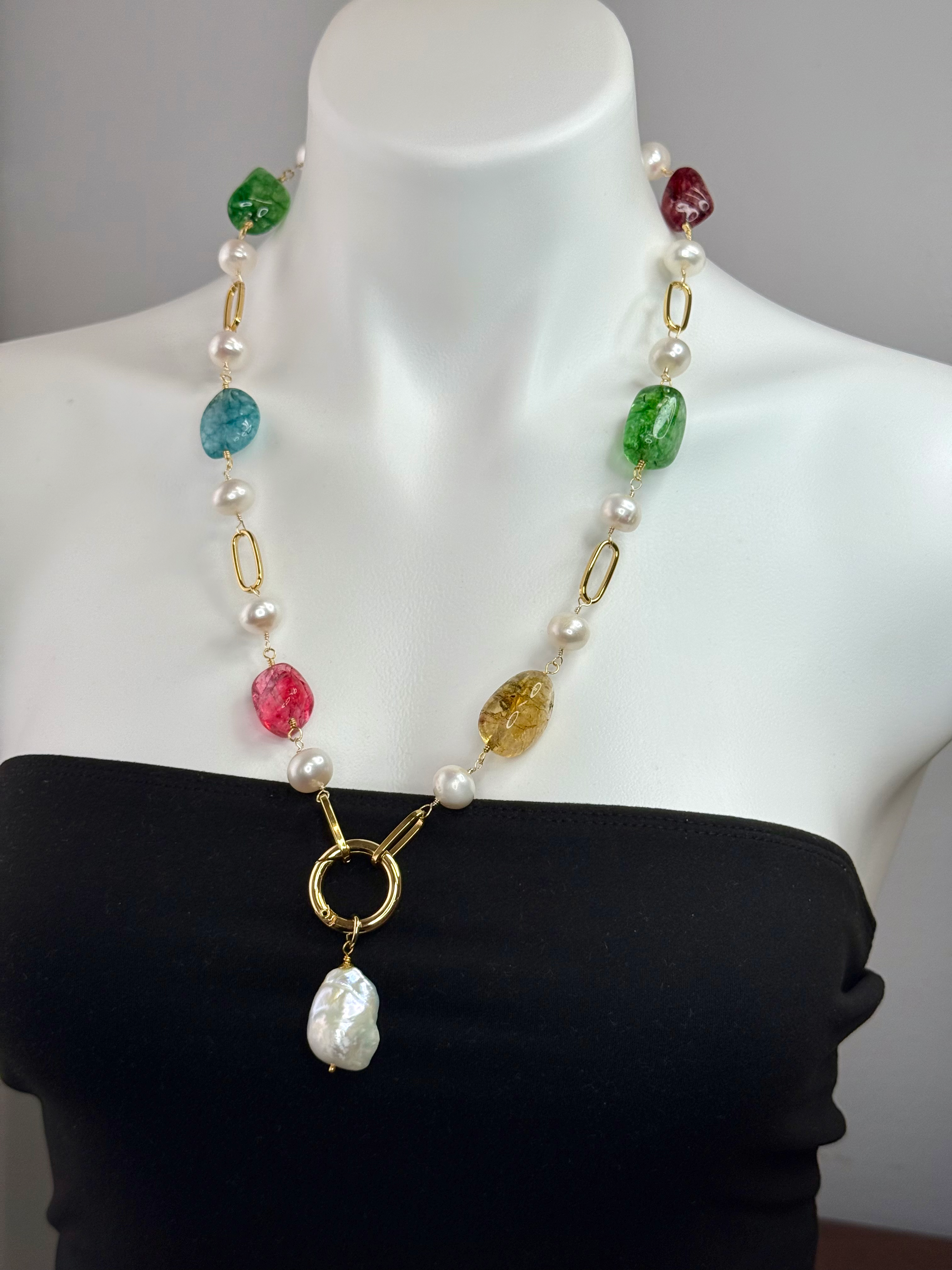 Colorful Quartz and Pearl statement necklace 