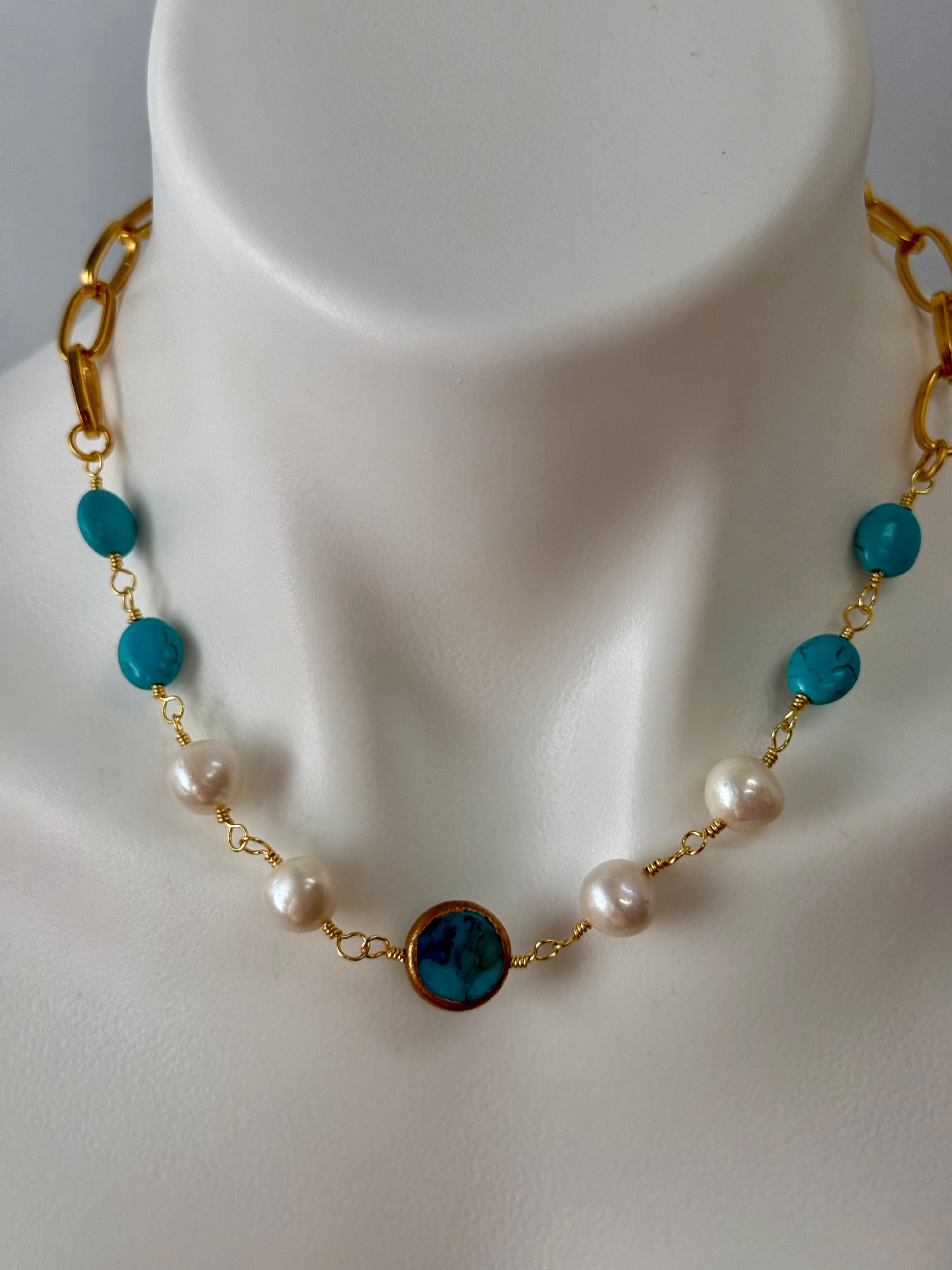 Turquoise, Pearl and Paperclip chain Collection