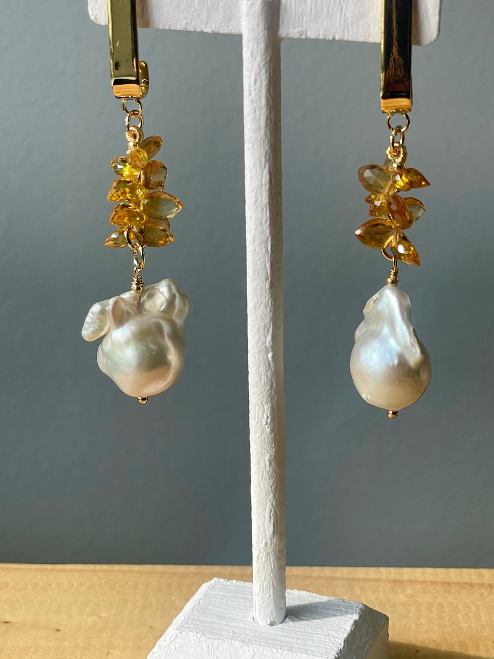 Thumbnail: Citrine and Baroque Pearl earrings, drop earrings gold post , Holiday gifts