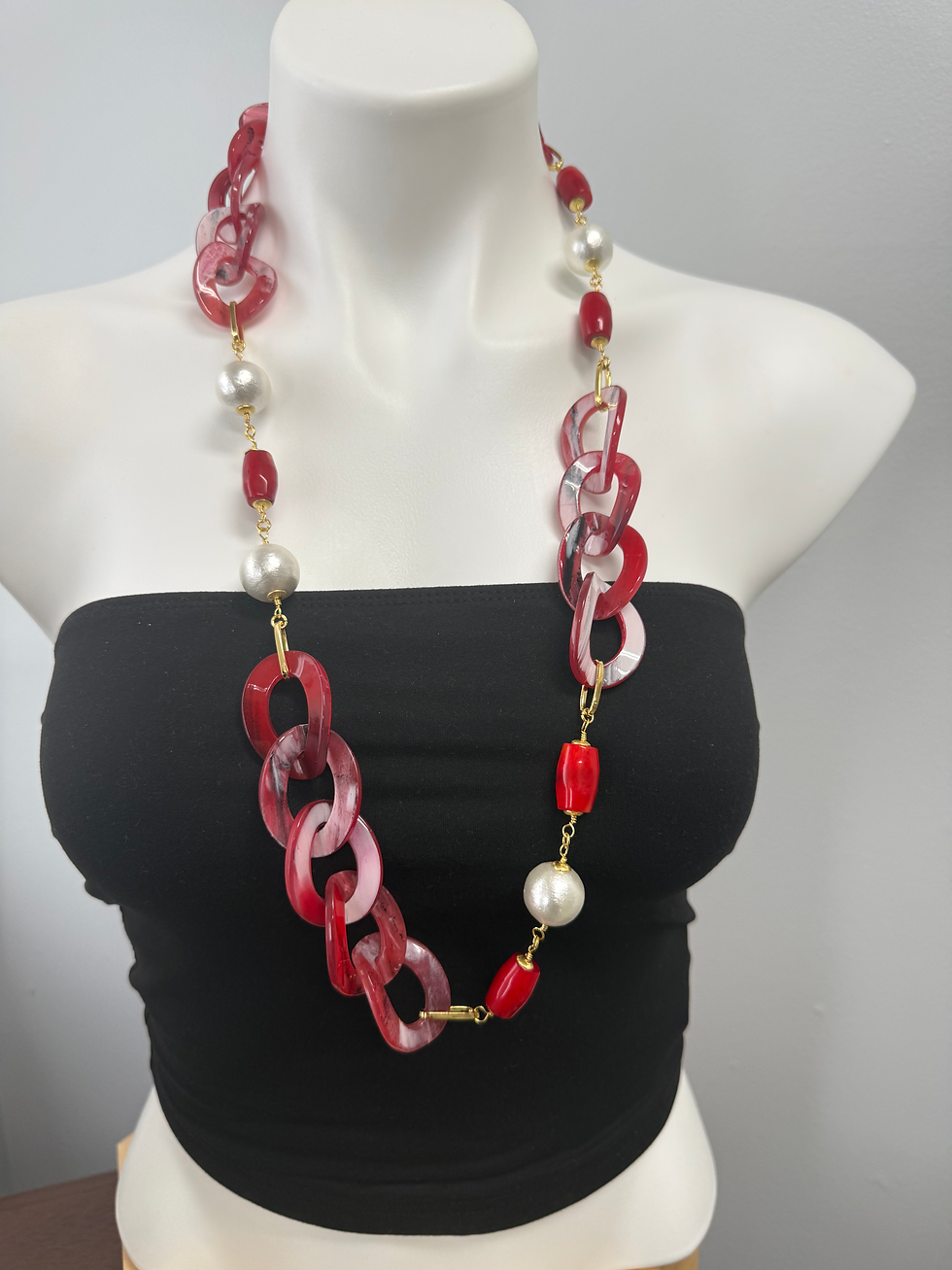 Thumbnail: Handmade Acrylic Chain Necklace with Red Coral & Cotton Pearls | Gems 4 Jewels