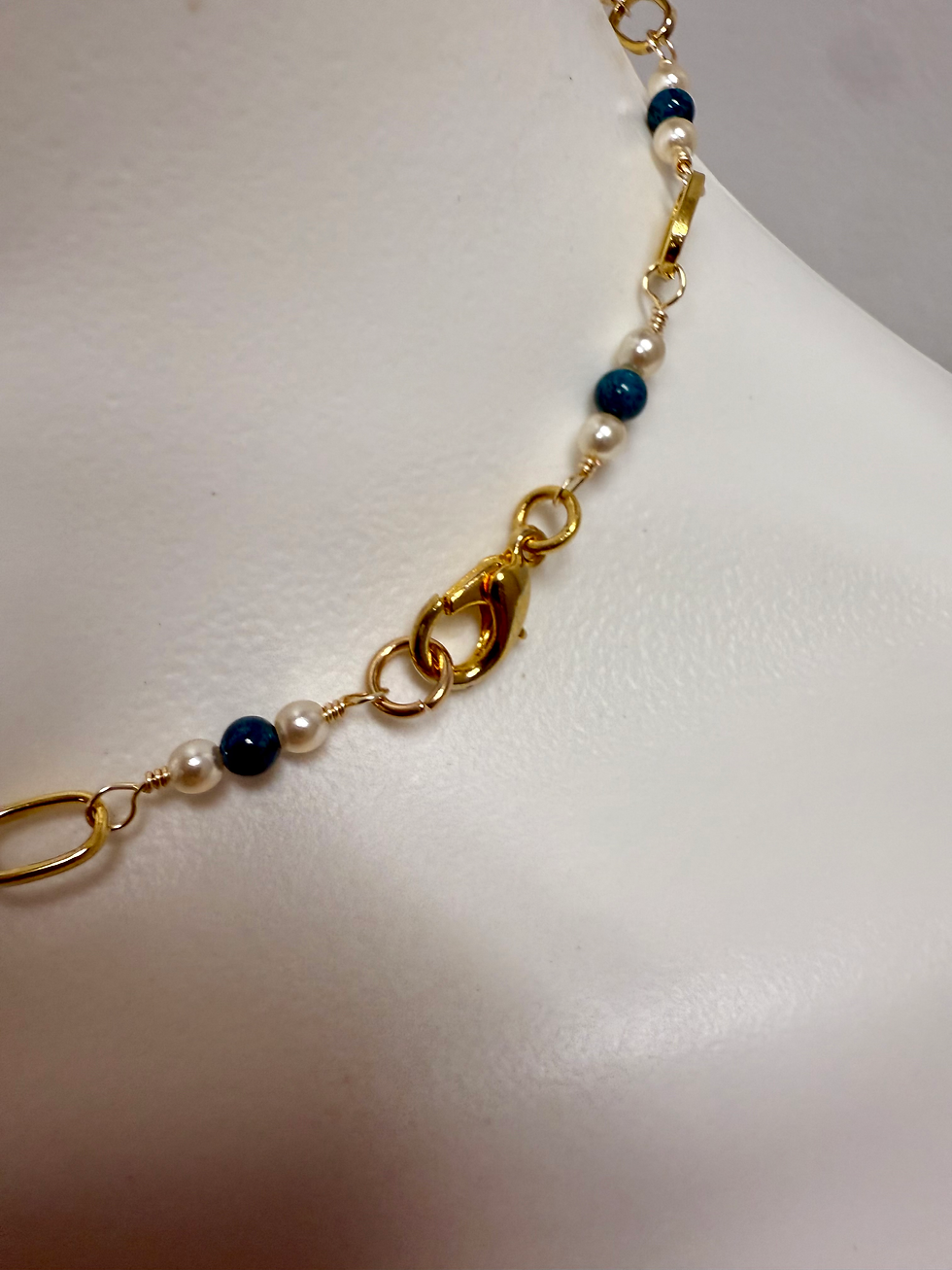 Thumbnail: Mini collection of pearls and teal beads with paperclip chain necklace . 