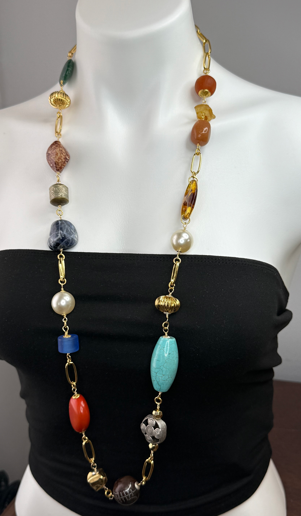 Thumbnail: Multi- Gemstone and paperclip chain long necklace 