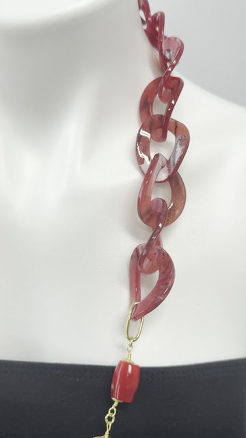 Thumbnail: Handmade Acrylic Chain Necklace with Red Coral & Cotton Pearls | Gems 4 Jewels