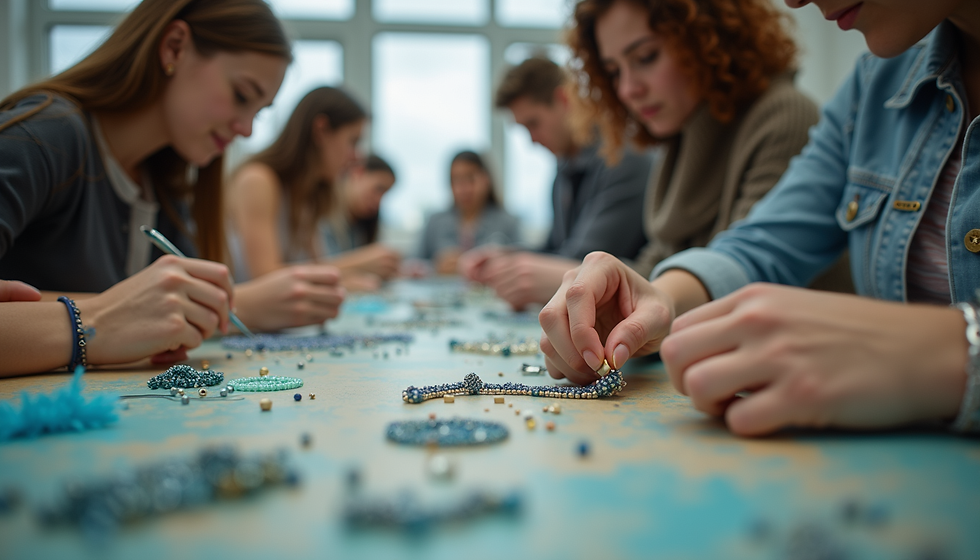 Close-up view of colorful beads and jewelry tools on a wooden table