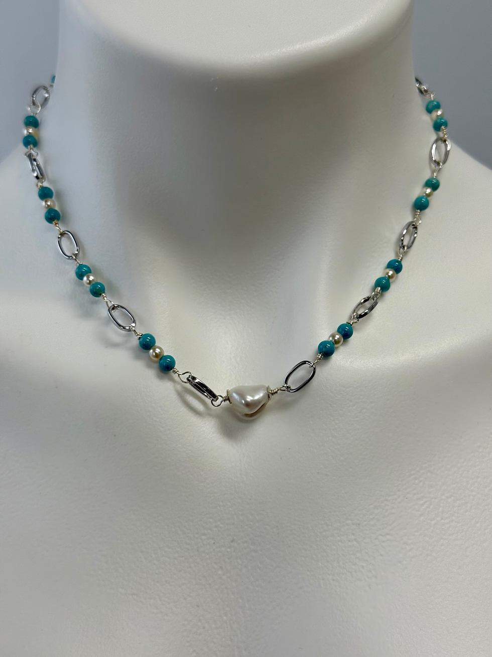 Thumbnail: Blue Apatite and silver paperclip chain with accent Pearl 