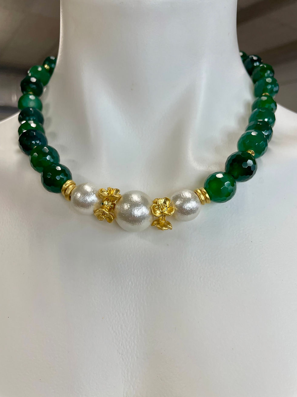 Thumbnail: Green Chalcedony and Cotton Pearls with vintage GP flower 