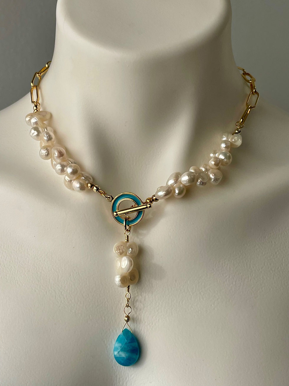 Thumbnail: Pearl and blue Agate teardrop necklace , Pearl and chain necklace. 