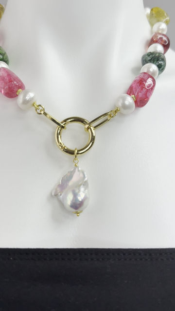 Thumbnail: Colorful Quartz and Pearl necklace with drop Baroque Pearl