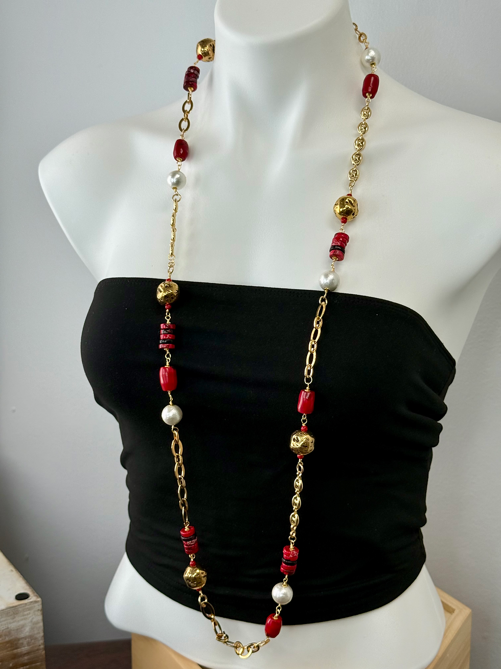 Thumbnail: Coral, Pearls and Brass inlay beads long necklace 