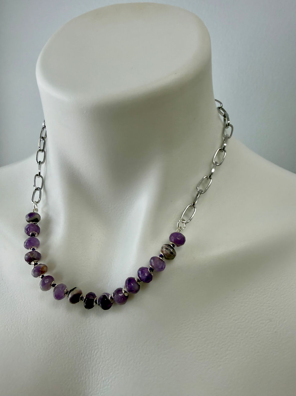 Thumbnail: Knotted Amethyst Rondelle necklace with paperclip chain 
