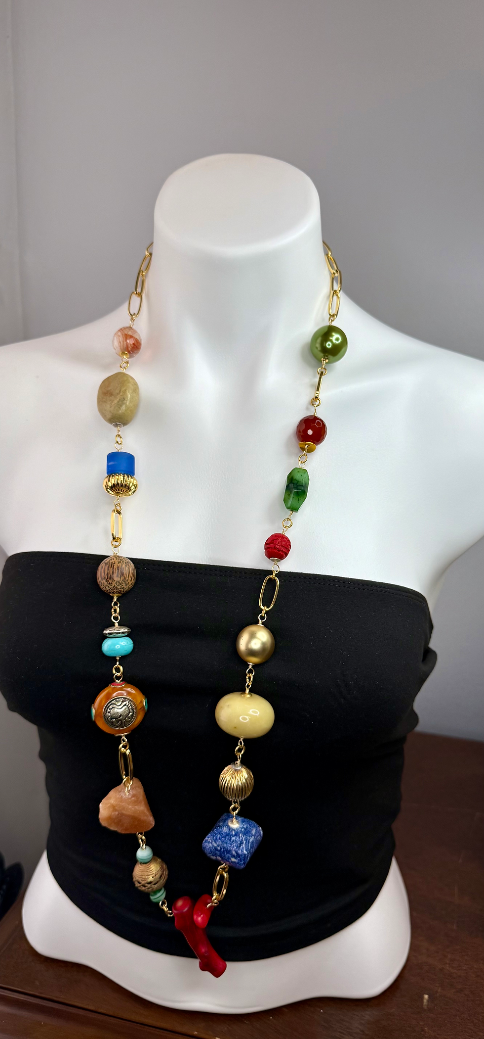Thumbnail: Multi Gemstone and paperclip chain long necklace 
