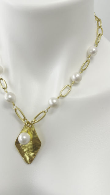 Thumbnail: Matte paperclip chain and Freshwater Pearl with gold textured drop and Pearls 