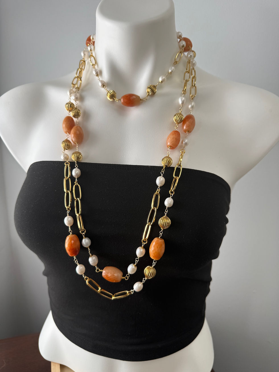 Thumbnail: Carnelian and Freshwater Pearl statement necklace 