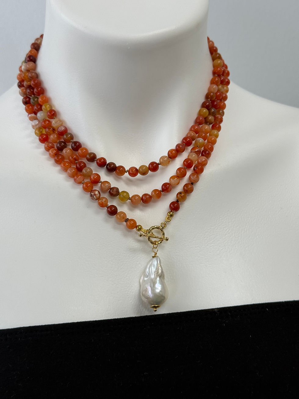 Thumbnail: Triple strand Carnelian and Baroque Pearl
