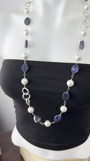 Thumbnail: Sodalite and Pearls with silver long necklace 