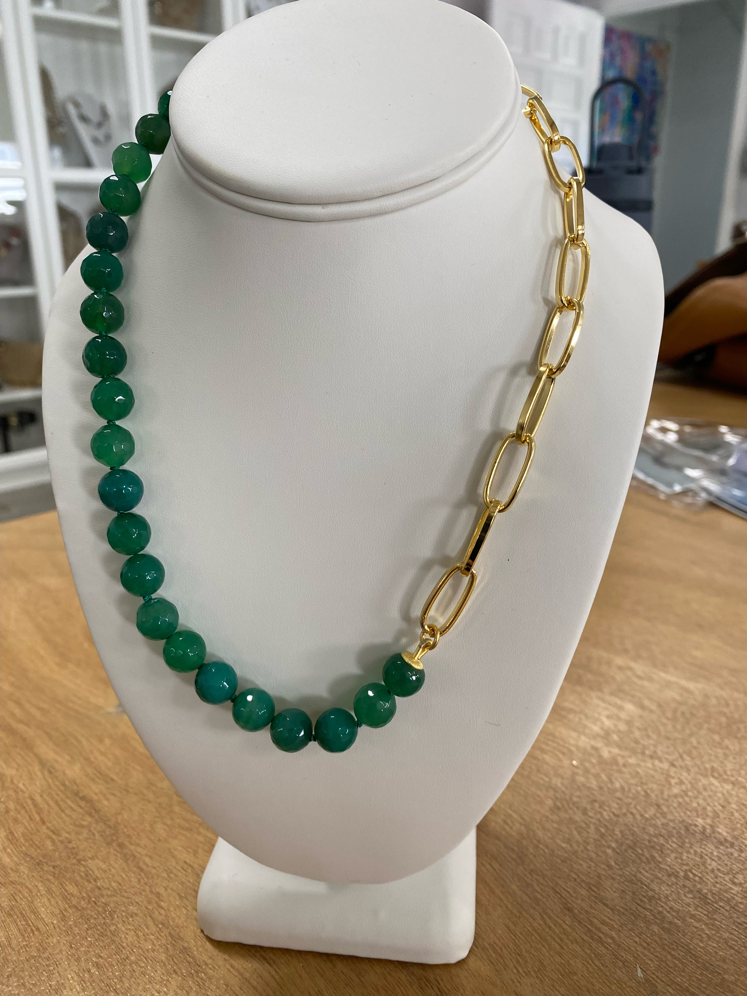 Green Chalcedony and paperclip chain necklace