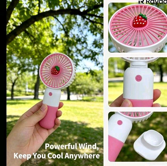 Thumbnail: Cutesy Bundles Limited Pink & White Strawberry USB Rechargeable Handheld Fan wit