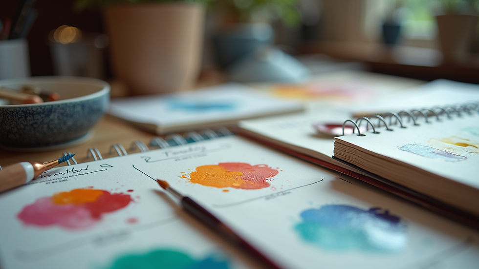 Close-up view of a colorful artist’s workspace with paintbrushes and sketchbooks